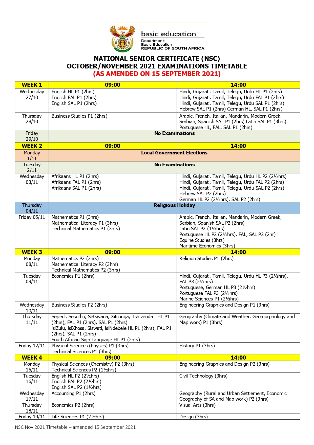 Matric Exam Timetable November